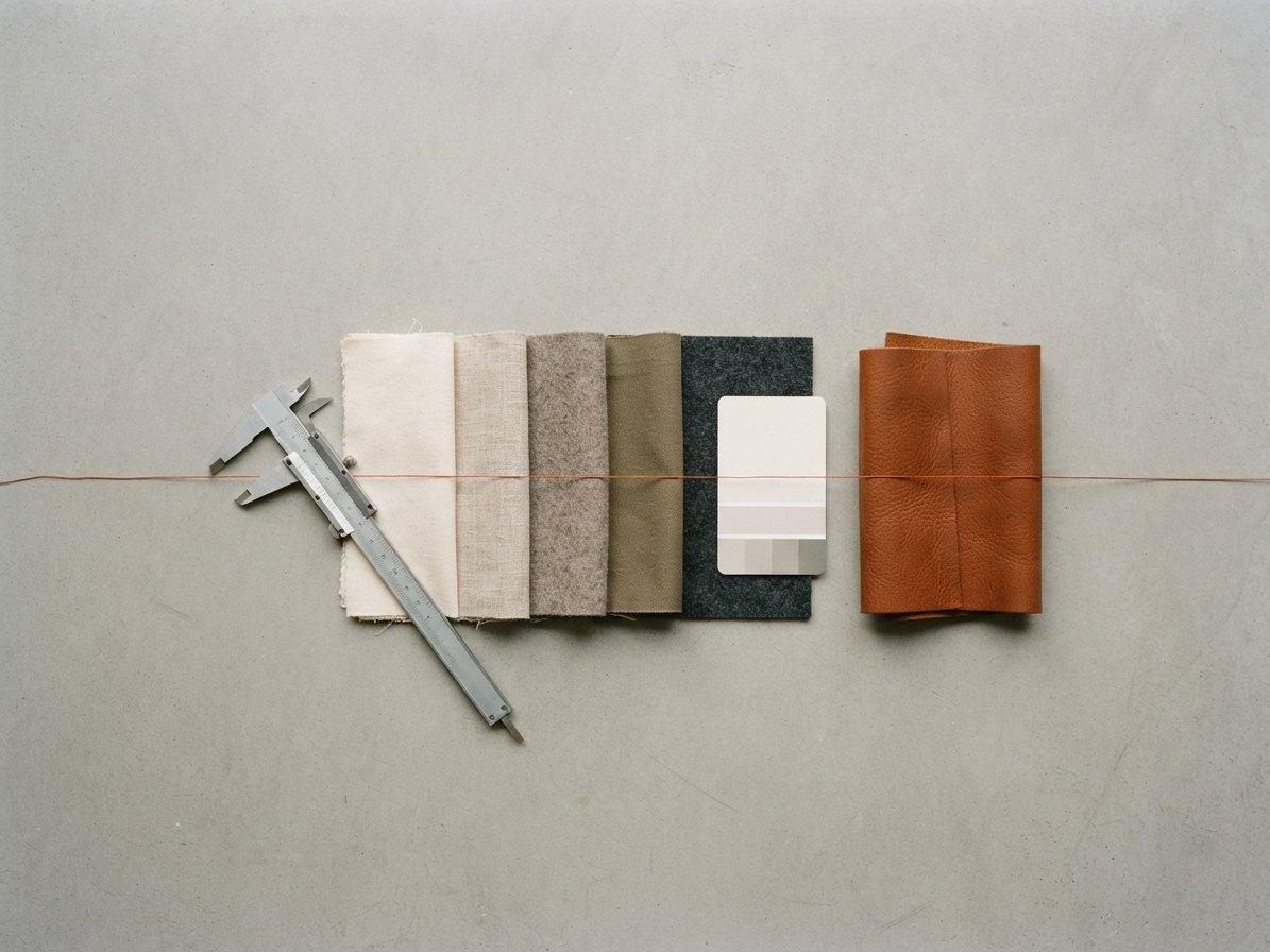 Inspection table with fabric swatches, a caliper, a colour card and a leather sample.