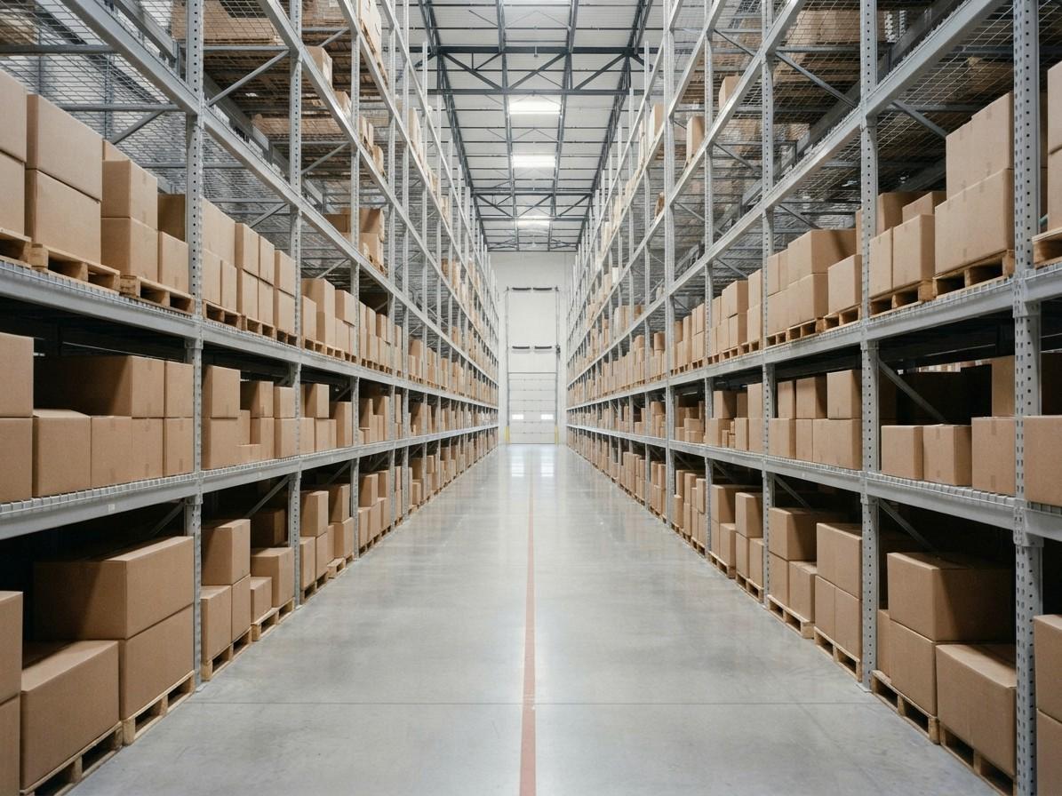 View down an aisle of a high-bay warehouse.